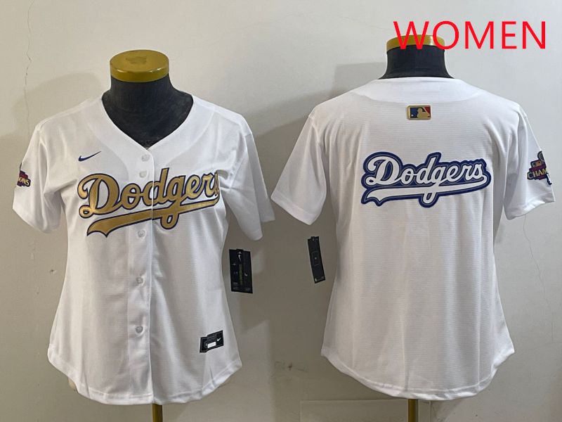 Women Los Angeles Dodgers Blank White Champion gold character 2025 Nike MLB Jersey style 13->women mlb jersey->Women Jersey